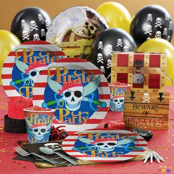 Тема Пиратски Партита Набор От Съдове За Еднократна Употреба Хартиена Чиния Кърпички Банер Балон Вечерни Аксесоари Рожден Ден Детски Душ Вечерни Декор